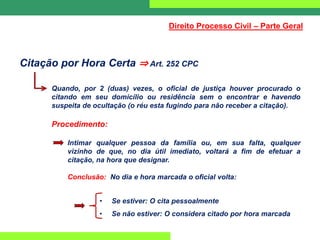 Citação por Hora Certa ⇒ Art. 252 CPC
Quando, por 2 (duas) vezes, o oficial de justiça houver procurado o
citando em seu domicílio ou residência sem o encontrar e havendo
suspeita de ocultação (o réu esta fugindo para não receber a citação).
Procedimento:
Intimar qualquer pessoa da família ou, em sua falta, qualquer
vizinho de que, no dia útil imediato, voltará a fim de efetuar a
citação, na hora que designar.
Conclusão: No dia e hora marcada o oficial volta:
• Se estiver: O cita pessoalmente
• Se não estiver: O considera citado por hora marcada
Direito Processo Civil – Parte Geral
 
