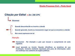 Citação por Edital ⇒ Art. 256 CPC
Ocorrerá
• Quando desconhecido ou incerto o citando
• Quando ignorado, incerto ou inacessível o lugar em que se encontrar o citando
• Nos casos expressos em lei
Atenção
Inacessível: Por Exemplo o país que recusar o cumprimento de carta
rogatória.
Local ignorado ou incerto: Quando infrutíferas as tentativas de sua
localização, inclusive mediante requisição pelo juízo de informações sobre
seu endereço nos cadastros de órgãos públicos.
Direito Processo Civil – Parte Geral
 