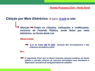 Citação por Meio Eletrônico ⇒ Lei n. 11.419 de 2006
Atenção Todas as citações, intimações e notificações,
inclusive da Fazenda Pública, serão feitas por meio
eletrônico, na forma desta Lei.
Observação
§ 1º do artigo 246 do CPC, Exceção das microempresas e das
empresas de pequeno porte.
Mas...
É importante frisar que no Brasil inúmeras pessoas jurídicas de direito
público e privado carecem de estrutura tecnológica para atenderem a
disposição normativa de obrigatoriedade de cadastro.
Direito Processo Civil – Parte Geral
 
