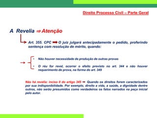 A Revelia ⇒ Atenção
Art. 355. CPC O juiz julgará antecipadamente o pedido, proferindo
sentença com resolução de mérito, quando:
• Não houver necessidade de produção de outras provas
• O réu for revel, ocorrer o efeito previsto no art. 344 e não houver
requerimento de prova, na forma do art. 349
Não há revelia: inciso II do artigo 345 Quando os direitos forem caracterizados
por sua indisponibilidade. Por exemplo, direito a vida, a saúde, a dignidade dentre
outros, não serão presumidos como verdadeiros os fatos narrados na peça inicial
pelo autor.
Direito Processo Civil – Parte Geral
 