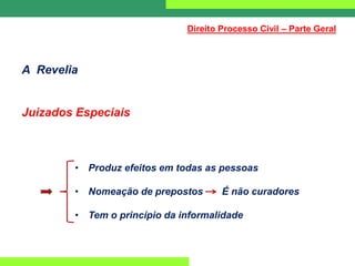 A Revelia
Juizados Especiais
• Produz efeitos em todas as pessoas
• Nomeação de prepostos É não curadores
• Tem o princípio da informalidade
Direito Processo Civil – Parte Geral
 