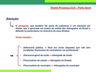 Atenção
O advogado, que também faz parte do judiciário, é um bacharel em
direito, que é aprovado em exame da ordem dos Advogados do Brasil e
defende os particulares no exercício de seus direitos.
Temos também...
• Defensoria pública ⇒ Atua em nome daqueles que não tem
condições financeiras de contratarem um profissional
• Advocacia-geral da união ⇒ Advogado da União
• Procuradoria do estado ⇒ Advogado do Estado
• Procuradoria do município ⇒ Advogados do município
Direito Processo Civil – Parte Geral
 