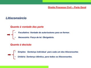 Litisconsórcio
Quanto à vontade das parte
• Facultativo: Vontade do autor/autores para se formar.
• Necessário: Força de lei. Obrigatório.
Quanto à decisão
• Simples: Sentença individual para cada um dos litisconsortes
• Unitária: Sentença idêntica, para todos os litisconsortes.
Direito Processo Civil – Parte Geral
 