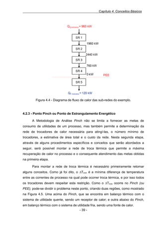 Capítulo 4. Conceitos Básicos

Figura 4.4 - Diagrama de fluxo de calor das sub-redes do exemplo.

4.2.3 - Ponto Pinch ou Ponto de Estrangulamento Energético
A Metodologia de Análise Pinch não se limita a fornecer as metas de
consumo de utilidades de um processo, mas também permite a determinação da
rede de trocadores de calor necessária para atingí-las, o número mínimo de
trocadores, a estimativa de área total e o custo da rede. Nesta segunda etapa,
através de alguns procedimentos específicos e conceitos que serão abordados a
seguir, será possível montar a rede de troca térmica que permite a máxima
recuperação de calor no processo e o consequente atendimento das metas obtidas
na primeira etapa.
Para montar a rede de troca térmica é necessário primeiramente retomar
alguns conceitos. Como já foi dito, o ∆Tmín é a mínima diferença de temperatura
entre as correntes de processo na qual pode ocorrer troca térmica, e por isso todos
os trocadores devem respeitar esta restrição. Como o ∆Tmín ocorre no Pinch (ou
PEE), pode-se dividir o problema neste ponto, criando duas regiões, como mostrado
na Figura 4.5. Uma acima do Pinch, que se encontra em balanço térmico com o
sistema de utilidade quente, sendo um receptor de calor; e outra abaixo do Pinch,
em balanço térmico com o sistema de utilidade fria, sendo uma fonte de calor.
- 39 -

 