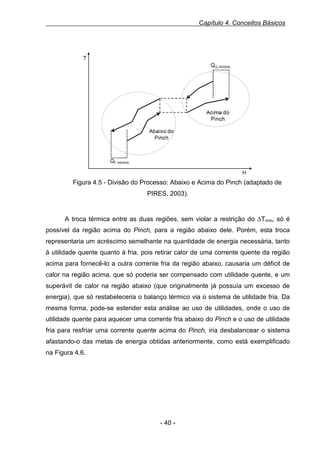Capítulo 4. Conceitos Básicos

Figura 0.5 - Divisão do Processo: Abaixo e Acima do Pinch

Figura 4.5 - Divisão do Processo: Abaixo e Acima do Pinch (adaptado de
PIRES, 2003).

A troca térmica entre as duas regiões, sem violar a restrição do ∆Tmín, só é
possível da região acima do Pinch, para a região abaixo dele. Porém, esta troca
representaria um acréscimo semelhante na quantidade de energia necessária, tanto
à utilidade quente quanto à fria, pois retirar calor de uma corrente quente da região
acima para fornecê-lo a outra corrente fria da região abaixo, causaria um déficit de
calor na região acima, que só poderia ser compensado com utilidade quente, e um
superávit de calor na região abaixo (que originalmente já possuía um excesso de
energia), que só restabeleceria o balanço térmico via o sistema de utilidade fria. Da
mesma forma, pode-se estender esta análise ao uso de utilidades, onde o uso de
utilidade quente para aquecer uma corrente fria abaixo do Pinch e o uso de utilidade
fria para resfriar uma corrente quente acima do Pinch, iria desbalancear o sistema
afastando-o das metas de energia obtidas anteriormente, como está exemplificado
na Figura 4.6.

- 40 -

 