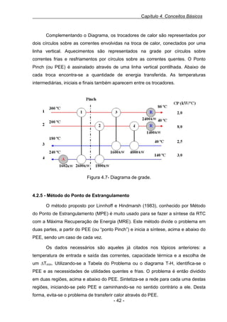 Capítulo 4. Conceitos Básicos

Complementando o Diagrama, os trocadores de calor são representados por
dois círculos sobre as correntes envolvidas na troca de calor, conectados por uma
linha vertical. Aquecimentos são representados na grade por círculos sobre
correntes frias e resfriamentos por círculos sobre as correntes quentes. O Ponto
Pinch (ou PEE) é assinalado através de uma linha vertical pontilhada. Abaixo de
cada troca encontra-se a quantidade de energia transferida. As temperaturas
intermediárias, iniciais e finais também aparecem entre os trocadores.
Figura 0.7 - Diagrama de grade

Figura 4.7- Diagrama de grade.

4.2.5 - Método do Ponto de Estrangulamento
O método proposto por Linnhoff e Hindmarsh (1983), conhecido por Método
do Ponto de Estrangulamento (MPE) é muito usado para se fazer a síntese da RTC
com a Máxima Recuperação de Energia (MRE). Este método divide o problema em
duas partes, a partir do PEE (ou “ponto Pinch”) e inicia a síntese, acima e abaixo do
PEE, sendo um caso de cada vez.
Os dados necessários são aqueles já citados nos tópicos anteriores: a
temperatura de entrada e saída das correntes, capacidade térmica e a escolha de
um ∆Tmín. Utilizando-se a Tabela do Problema ou o diagrama T-H, identifica-se o
PEE e as necessidades de utilidades quentes e frias. O problema é então dividido
em duas regiões, acima e abaixo do PEE. Sintetiza-se a rede para cada uma destas
regiões, iniciando-se pelo PEE e caminhando-se no sentido contrário a ele. Desta
forma, evita-se o problema de transferir calor através do PEE.
- 42 -

 