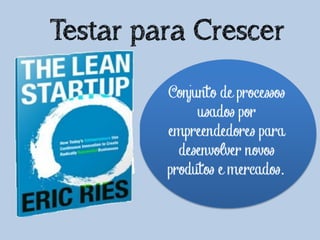 Testar para Crescer
Conjunto de processos
usados por
empreendedores para
desenvolver novos
produtos e mercados.
 