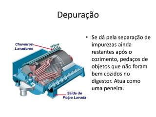 Depuração
• Se dá pela separação de
impurezas ainda
restantes após o
cozimento, pedaços de
objetos que não foram
bem cozidos no
digestor. Atua como
uma peneira.
 