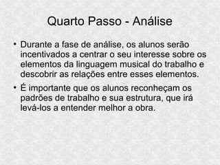 Quarto Passo - Análise
●
Durante a fase de análise, os alunos serão
incentivados a centrar o seu interesse sobre os
elementos da linguagem musical do trabalho e
descobrir as relações entre esses elementos.
●
É importante que os alunos reconheçam os
padrões de trabalho e sua estrutura, que irá
levá-los a entender melhor a obra.
 