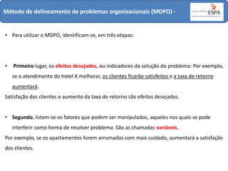 Método de delineamento de problemas organizacionais (MDPO) -

• Para utilizar o MDPO, identificam-se, em três etapas:

•

Primeiro lugar, os efeitos desejados, ou indicadores da solução do problema: Por exemplo,
se o atendimento do hotel X melhorar, os clientes ficarão satisfeitos e a taxa de retorno

aumentará.
Satisfação dos clientes e aumento da taxa de retorno são efeitos desejados.
• Segundo, listam-se os fatores que podem ser manipulados, aqueles nos quais se pode
interferir como forma de resolver problema. São as chamadas variáveis.
Por exemplo, se os apartamentos forem arrumados com mais cuidado, aumentará a satisfação
dos clientes.

 