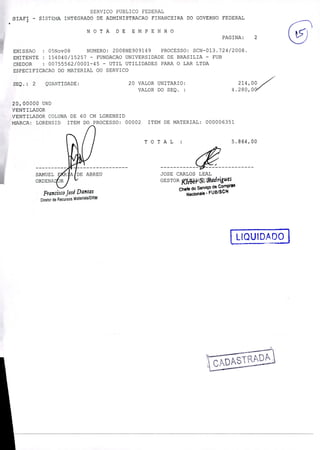SERVICO PUBLICO FEDERAL
SIAFI - SISTEMA INTEGRADO DE ADMINISTRACAO FINANCEIRA DO GOVERNO FEDERAL
NOTA DE EMPENHO
PAGINA: 2
EMISSAO : 05NovO8 NUMERO: 2008NE909149 PROCESSO: SCN-013.724/2008.
EMITENTE : 154040/15257 - FUNDACAO UNIVERSIDADE DE BRASILIA - FUB
CREDOR : 00755562/0001-45 - UTIL UTILIDADES PARA O LAR LTDA
ESPECIFICACAO DO MATERIAL OU SERVICO
ct-5-
SEQ. : 2 QUANTIDADE: 20 VALOR UNITARIO: 214,00
VALOR DO SEQ. : 4.280,0V
20,00000 UND
VENTILADOR
VENTILADOR COLUNA DE 60 CM LORENSID
MARCA: LORENSID ITEM DO PROCESSO: 00002 ITEM DE MATERIAL: 000006351
TOTAL
JOSE CARLOS LEAL
GESTOR K~g ~ig14C5
Chefe do SeMÇO de COmP
NaciOfl8'
FtJBISCN
5.864,00
SAMUEL
LORDENAL
Francisco José Dantas
Diretor de Recursos MateriaiS!DRM
E, U 1 DAD6}
 
