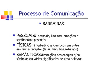Processo de Comunicação
                       BARREIRAS

   PESSOAIS:     pessoais, lida com emoções e
    sentimentos pessoais
   FÍSICAS:     interferências que ocorrem entre
    emissor e receptor (falas, barulhos externos)
   SEMÂNTICAS:limitações dos códigos e/ou
    símbolos ou vários significados de uma palavras
 