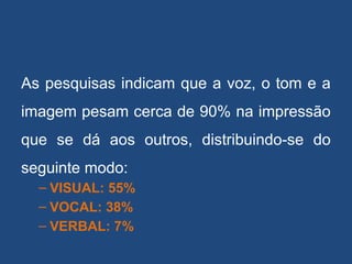As pesquisas indicam que a voz, o tom e a
imagem pesam cerca de 90% na impressão
que se dá aos outros, distribuindo-se do
seguinte modo:
– VISUAL: 55%
– VOCAL: 38%
– VERBAL: 7%
 