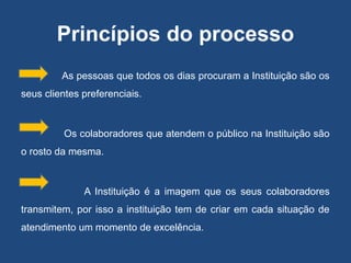 Princípios do processo
As pessoas que todos os dias procuram a Instituição são os
seus clientes preferenciais.
Os colaboradores que atendem o público na Instituição são
o rosto da mesma.
A Instituição é a imagem que os seus colaboradores
transmitem, por isso a instituição tem de criar em cada situação de
atendimento um momento de excelência.
 