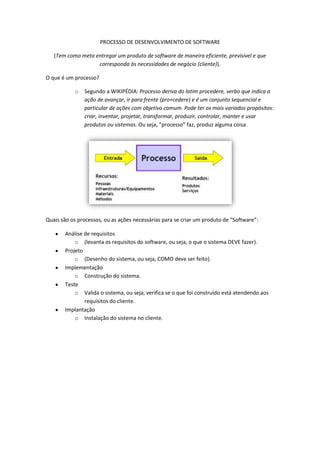 PROCESSO DE DESENVOLVIMENTO DE SOFTWARE
(Tem como meta entregar um produto de software de maneira eficiente, previsível e que
corresponda às necessidades de negócio (cliente)).
O que é um processo?
o Segundo a WIKIPÉDIA: Processo deriva do latim procedere, verbo que indica a
ação de avançar, ir para frente (pro+cedere) e é um conjunto sequencial e
particular de ações com objetivo comum. Pode ter os mais variados propósitos:
criar, inventar, projetar, transformar, produzir, controlar, manter e usar
produtos ou sistemas. Ou seja, “processo” faz, produz alguma coisa.
Quais são os processos, ou as ações necessárias para se criar um produto de “Software”:
Análise de requisitos
o (levanta os requisitos do software, ou seja, o que o sistema DEVE fazer).
Projeto
o (Desenho do sistema, ou seja, COMO deve ser feito).
Implementação
o Construção do sistema.
Teste
o Valida o sistema, ou seja, verifica se o que foi construído está atendendo aos
requisitos do cliente.
Implantação
o Instalação do sistema no cliente.
 