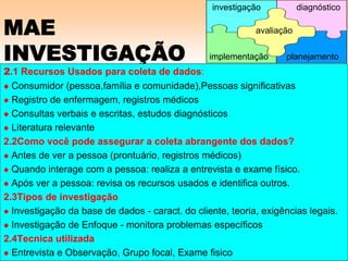 MAE
INVESTIGAÇÃO
2.1 Recursos Usados para coleta de dados:
Consumidor (pessoa,família e comunidade),Pessoas significativas
Registro de enfermagem, registros médicos
Consultas verbais e escritas, estudos diagnósticos
Literatura relevante
2.2Como você pode assegurar a coleta abrangente dos dados?
Antes de ver a pessoa (prontuário, registros médicos)
Quando interage com a pessoa: realiza a entrevista e exame físico.
Após ver a pessoa: revisa os recursos usados e identifica outros.
2.3Tipos de investigação
Investigação da base de dados - caract. do cliente, teoria, exigências legais.
Investigação de Enfoque - monitora problemas específicos
2.4Tecnica utilizada
Entrevista e Observação, Grupo focal, Exame fisico
avaliação
implementação
investigação diagnóstico
planejamento
 