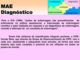MAE
Diagnóstico
Para o ICN (1999), “Ações de enfermagem são procedimentos de
enfermeiras na prática assistencial, e Intervenção de enfermagem
constitui a ação realizada em resposta a um diagnóstico de enfermagem,
visando à obtenção de um resultado de enfermagem”.
Esses três sistemas de classificação integram portanto, a CIPE-
Versão Beta, que através do Grupo de Desenvolvimento da CIPE, vem a
cada ano, atualizando e adequando seus estudos, de forma que esse
sistema seja mais completo e possível de ser utilizado em todos os
países do mundo.
avaliação
implementação
investigação diagnóstico
planejamento
 
