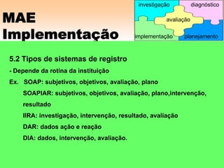 MAE
Implementação
5.2 Tipos de sistemas de registro
- Depende da rotina da instituição
Ex. SOAP: subjetivos, objetivos, avaliação, plano
SOAPIAR: subjetivos, objetivos, avaliação, plano,intervenção,
resultado
IIRA: investigação, intervenção, resultado, avaliação
DAR: dados ação e reação
DIA: dados, intervenção, avaliação.
avaliação
implementação
investigação diagnóstico
planejamento
 