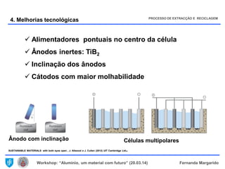 Workshop: “Alumínio, um material com futuro” (20.03.14) Fernanda Margarido
4. Melhorias tecnológicas PROCESSO DE EXTRACÇÃO E RECICLAGEM
SUSTAINABLE MATERIALS with both eyes open , J. Allwood e J. Cullen (2012) UIT Cambridge Ltd.
Ânodo com inclinação
 Alimentadores pontuais no centro da célula
 Ânodos inertes: TiB2
 Inclinação dos ânodos
 Cátodos com maior molhabilidade
Células multipolares
 