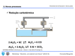 Workshop: “Alumínio, um material com futuro” (20.03.14) Fernanda Margarido
5. Novos processos PROCESSO DE EXTRACÇÃO E RECICLAGEM
SUSTAINABLE MATERIALS with both eyes open , J. Allwood e J. Cullen (2012) UIT Cambridge Ltd.
 Redução carbotérmica
2 Al2O3 + 9C Al4C3 + 6 CO
Al4C3 + 2 Al2O3 8 Al + 3CO2
 