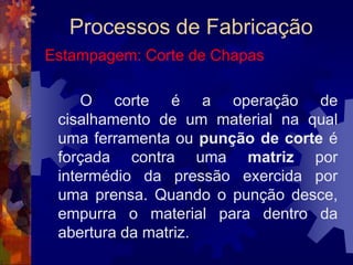 Processos de FabricaçãoForjamento por Prensagem		As prensas hidráulicas podem ter um grande curso e são acionadas por pistões hidráulicos. Sua capacidade de aplicação de carga fica entre 300 e 50.000 toneladas. Elas são bem mais caras que as prensas mecânicas.