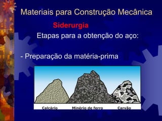 Materiais para Construção MecânicaMetaisAço Carbono		Os aços ao carbono são ligas Fe-C que tem como elementos fundamentais o ferro e o carbono, apresentando pequenas porcentagens de outros elementos, tais como silício, manganês, fósforo, enxofre, cobre, etc.