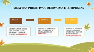 PALAVRAS PRIMITIVAS, DERIVADAS E COMPOSTAS
1. MEXER
• VEIO DO LATIM, NÃO SE
ORIGINOU DE OUTRA
PALAVRA EXISTENTE,
PORTANTO PRIMITIVA.
2. IMEXÍVEL
• FORMOU-SE A PARTIR DE
UMA PALAVRA QUE JÁ
EXISTIA, PORTANTO
DERIVADA.
3. PLANALTO
• FORMOU-SE DA UNIÃO
DE DUAS PALAVRAS
EXISTENTES – PLANO E
ALTO – POR ISSO
PALAVRA COMPOSTA.
 
