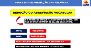 PROCESSO DE FORMAÇÃO DAS PALAVRAS
REDUÇÃO OU ABREVIAÇÃO VOCABULAR
É O PROCESSO EM QUE HÁ REDUÇÃO DE SÍLABAS, SEM
QUE OCORRA MUDANÇA DE CLASSE GRAMATICAL.
FONE TELEFONE
FOTO FOTOGRAFIA
NÃO CONFUNDA ABREVIATURA COM ABREVIAÇÃO!
ABREVIATURA= ESCRITA REDUZIDA – AVENIDA =AV
 