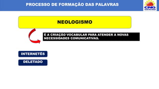 PROCESSO DE FORMAÇÃO DAS PALAVRAS
NEOLOGISMO
É A CRIAÇÃO VOCABULAR PARA ATENDER A NOVAS
NECESSIDADES COMUNICATIVAS.
INTERNETÊS
DELETADO
 