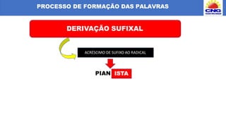 PROCESSO DE FORMAÇÃO DAS PALAVRAS
DERIVAÇÃO SUFIXAL
ACRÉSCIMO DE SUFIXO AO RADICAL
PIAN ISTA
 