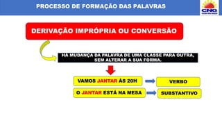 PROCESSO DE FORMAÇÃO DAS PALAVRAS
DERIVAÇÃO IMPRÓPRIA OU CONVERSÃO
HÁ MUDANÇA DA PALAVRA DE UMA CLASSE PARA OUTRA,
SEM ALTERAR A SUA FORMA.
VAMOS JANTAR ÀS 20H VERBO
O JANTAR ESTÁ NA MESA SUBSTANTIVO
 