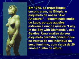 Em 1978, os arqueólogos encontraram, na Etiópia, o esqueleto da nossa “Avó Ancestral” – denominada então de Lucy, porque aqueles estavam a ouvir a música “Lucy in the Sky with Diamonds”, dos Beatles. Uma análise do seu esqueleto permitiu concluir que se tratava de um indivíduo do sexo feminino, com cerca de 20 anos e 1,20m de altura. 