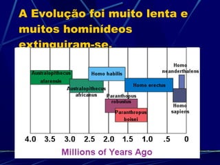 A Evolução foi muito lenta e muitos hominídeos extinguiram-se. 