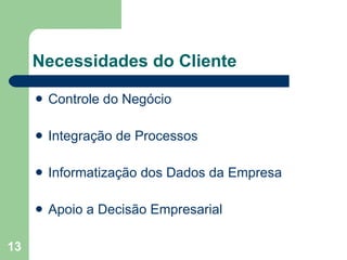 Necessidades do Cliente Controle do Negócio Integração de Processos Informatização dos Dados da Empresa Apoio a Decisão Empresarial  
