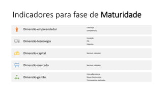 Indicadores para fase de Maturidade
Dimensão empreendedor
Liderança
competência;
Dimensão tecnologia
Inovação
PDI
Patentes
Dimensão capital Nenhum indicador
Dimensão mercado Nenhum indicador
Dimensão gestão
Interação externa
Novos funcionários
Treinamentos realizados
 