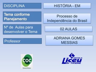 DISCIPLINA
Professor
Nº de Aulas para
desenvolver o Tema
HISTÓRIA - EM
ADRIANA GOMES
MESSIAS
Processo de
Independência do Brasil
02 AULAS
 