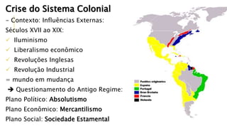 Crise do Sistema Colonial
- Contexto: Influências Externas:
Séculos XVII ao XIX:
 Iluminismo
 Liberalismo econômico
 Revoluções Inglesas
 Revolução Industrial
= mundo em mudança
 Questionamento do Antigo Regime:
Plano Político: Absolutismo
Plano Econômico: Mercantilismo
Plano Social: Sociedade Estamental
 