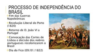 PROCESSO DE INDEPENDÊNCIA DO
BRASIL
Fim das Guerras
Napoleônicas
Revolução Liberal do Porto
(1820)
Retorno de D. João VI a
Portugal
Convocação das Cortes de
Lisboa e decisão dos nobres
portugueses recolonizarem o
Brasil
Dia do Fico (09/01/1822)
 