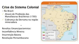 Crise do Sistema Colonial
- No Brasil:
 Alvará de Proibição das
Manufaturas Brasileiras (1785)
 Cobrança da Derrama na região
mineradora
=
Revoltas Emancipacionistas:
Inconfidência Mineira
Insurreição Baiana
Revolução Pernambucana
 