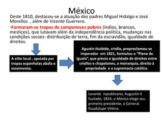 México 
Deste 1810, destacou-se a atuação dos padres Miguel Hidalgo e José 
Morellos , além de Vicente Guerrero. 
-Formaram-se tropas de camponeses pobres (índios, brancos, 
mestiços), que lutavam além da independência política, mudanças nas 
condições sociais: distribuição de terra, fim da escravidão, igualdade de 
direitos. 
A elite local , apoiada por 
tropas espanholas abafa o 
movimento. 
Agustín Itúrbide, criollo, proproclamou-se 
imperador em 1821, formulou o “Plano de 
Iguala”, que previa a igualdade de direitos entre 
criollos e chapetones, a monarquia, direito à 
propriedade e a supremacia católica. 
Levante republicano, Augustín é 
fuzilado, 1824, o México elege seu 
primeiro presidente, o General 
Guadalupe Vitória. 
 