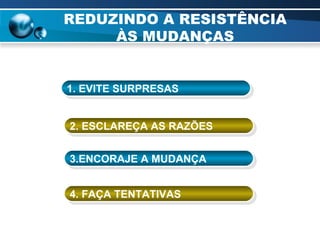 REDUZINDO A RESISTÊNCIA ÀS MUDANÇAS 1. EVITE SURPRESAS 2. ESCLAREÇA AS RAZÕES   3.ENCORAJE A MUDANÇA  4. FAÇA TENTATIVAS   
