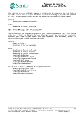 Roteiro Implantação Gestão Empresarial | Go Up
Documento: Roteiro Implantação Go Up Versão: 1 07/06/2013 Página 12 de 13
Transação Baixa por Pagamento Eletrönico: “90550”;
Transação Padrão Entrada Substituição : “90502”;
Transação Padrão Entrada Previsão: “90506”.
3.2.9 Gestão da Tesouraria
OBJETIVO: Parametrização das características da Filial para a Gestão da Tesouraria. São identificados os
parâmetros específicos para a Filial a serem utilizados no Cliente.
Funcionalidade do Sistema
Tela : F070FCX - Cadastros / Filiais / Parâmetros por Gestão / Tesouraria
Treinamento
Treinamento dos usuários nos parâmetros da tela “F070FCX”, conforme especificações do Help do Sistema.
Parametrização Cliente
Definição junto ao Cliente das parametrizações do Cadastro da Filial (Tesouraria), conforme especificado no help da
tela F070FCX, com exceção dos campos pré-definidos para base Go Up, conforme itens abaixo:
Parametrização Padrão Go Up
Tesouraria 1
Transação Padrão Crédito: “90614”;
Transação Débito Cancelamento Baixa: “90663”;
Transação Débito Despesas Cobrança: “90660”.
Tesouraria 2
Transação Débito de Retenção Impostos : “90662”;
Transação Débito por Transferência entre Contas: “90658”;
Transação Crédito por Transferência entre Contas: “90616”.
3.2.10 Gestão da Contabilidade
OBJETIVO: Parametrização das características da Filial para a Gestão da Contabilidade. São identificados os
parâmetros específicos para a Filial a serem utilizados no Cliente.
Funcionalidade do Sistema
Tela : Tesouraria F070FCT - Cadastros / Filiais / Parâmetros por Gestão / Contabilidade
Treinamento
Treinamento dos usuários nos parâmetros da tela “F070FCT”, conforme especificações do Help do Sistema.
Parametrização Cliente
Definição junto ao Cliente das parametrizações do Cadastro da Filial (Contábil), conforme especificado no help da
tela F070FCT, com exceção dos campos pré-definidos para base Go Up, conforme itens abaixo:
Parametrização Padrão Go Up
Parâmetros SPED
Permitir Lcto sem Lote = “N-Não”.
3.2.11 Gestão de Tributos
OBJETIVO: Parametrização das características da Filial para a Gestão de Tributos. São identificados os
parâmetros específicos para a Filial a serem utilizados no Cliente.
Funcionalidade do Sistema
Tela : F070FEF - Cadastros / Filiais / Parâmetros por Gestão / Tributos
Treinamento
Treinamento dos usuários nos parâmetros da tela “F070FEF”, conforme especificações do Help do Sistema.
Parametrização Cliente
Definição junto ao Cliente das parametrizações do Cadastro da Filial (Tributos), conforme especificado no help da
tela F070FEF, com exceção dos campos pré-definidos para base Go Up, conforme item 1.2.8.4 (Parametrização
Padrão Go Up ).
Parametrização Padrão Go Up
Impostos 1
Código Regra de Integração : “383”
Impostos 2
Informa Itens: “S-Sim”;
Código Perfil Tributário: deverá ser selecionado o código do perfil tributário que será aplicado para a Filial.
3.2.12 Gestão do Patrimônio
OBJETIVO: Parametrização das características da Filial para a Gestão de Patrimônio. São identificados os
parâmetros específicos para a Filial a serem utilizados no Cliente.
 