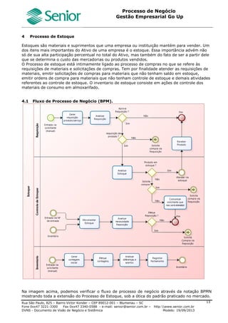 Roteiro Implantação Gestão Empresarial | Go Up
Documento: Roteiro Implantação Go Up Versão: 1 07/06/2013 Página 13 de 13
Funcionalidade do Sistema
Tela : F070FPM - Cadastros / Filiais / Parâmetros por Gestão / Patrimônio
Treinamento
Treinamento dos usuários nos parâmetros da tela “F070FPM”, conforme especificações do Help do Sistema.
Parametrização Cliente
Definição junto ao Cliente das parametrizações do Cadastro da Filial (Patrimônio), conforme especificado no help da
tela F070FPM.
3.2.13 Filial x Transação
OBJETIVO: Informar as Transações Fiscais utilizadas pela filial nas operações de compra e venda. Na digitação de
Notas Fiscais de Entrada/Saída, somente serão listadas as transações informadas nesta ligação. Para
buscar as transações (CFOP’s) que serão utilizadas pela filial, é muito importante que nos primeiros
dias de implantação seja solicitado ao contador todas as CFOP’s praticadas. Com a limitação das
transações aplicadas será muito mais fácil para o usuário entender o conceito de transação dentro do
Go Up.
Obs.: A partir do primeiro relacionamento, somente será permitido visualizar as transações
relacionadas (Módulos VEF VES COF COS).
Funcionalidade do Sistema
Tela :F070FXT - Cadastros / Filias / Filial x Transações.
Treinamento
Treinamento dos usuários nas funcionalidades da tela F070FXT.
Parametrização Cliente
Definição e relacionamento das Transações na tela F070FXT, conforme Help tela “F070FXT”.
Obs.: Obrigatória esta ligação.
Parametrização Padrão Go Up
Esta tabela não será enviada com valores padrões, deverá ser preenchida conforme definição de cada cliente.
 