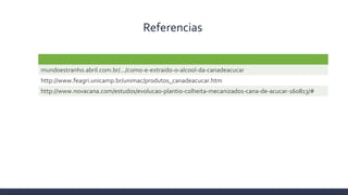 Referencias
mundoestranho.abril.com.br/.../como-e-extraido-o-alcool-da-canadeacucar
http://www.feagri.unicamp.br/unimac/produtos_canadeacucar.htm
http://www.novacana.com/estudos/evolucao-plantio-colheita-mecanizados-cana-de-acucar-160813/#
 