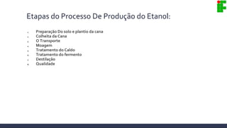 Etapas do Processo De Produção do Etanol:
1. Preparação Do solo e plantio da cana
2. Colheita da Cana
3. O Transporte
4. Moagem
5. Tratamento do Caldo
6. Tratamento do fermento
7. Destilação
8. Qualidade
 