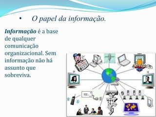 •   O papel da informação.
Informação é a base
de qualquer
comunicação
organizacional. Sem
informação não há
assunto que
sobreviva.
 