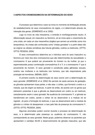 16




3 ASPECTOS CROMOSSOMICOS NA DETERMINAÇÃO DO SEXO




      O processo que determina o sexo se inicia no momento da fertilização através
do estabelecimento do sexo cromossômico do zigoto, e é determinado através da
interação dos genes. (DOMENICE et al, 2002)
      Logo no início da vida intrauterina, o embrião é morfologicamente neutro. A
diferenciação sexual, em masculino ou feminino, só se inicia após o crescimento de
uma crista, em cada um dos mesonefros (órgãos que servem ao embrião como rins
temporários). As cristas são conhecidas como “cristas gonadais” e a partir delas irão
se originar as células somáticas das futuras gônodas, ovários ou testículos. (OTTO;
OTTO; PESSOA, 2004)
      O sexo cromossômico determina se o indivíduo será do sexo masculino ou
feminino por meio dos dois cromossomos que são determinantes da sexualidade: o
cromossomo X que poderá ser proveniente do homem ou da mulher, já que o
espermatozoide possui combinação cromossômica X e Y, e o cromossomo Y que é
proveniente do homem. O sexo gonodal é constituído pelas glândulas sexuais,
ovários nas mulheres e os testículos nos homens, que são responsáveis pela
produção de hormônios. (MENIN, 2007)
      O primeiro evento na determinação do sexo ocorre com a determinação do
sexo gonodal. (DOMENICE et al, 2002) No período da sexta semana de gestação,
as gônodas apresentam duas partes, e são elas: o córtex, que formará o ovário e a
medula, que dá origem ao testículo. A partir de então, de acordo com os genes que
estiverem presentes é que a gônoda se desenvolverá em ovário ou em testículo,
caracterizando assim o sexo gonodal. Na ausência do cromossomo Y, a gônoda se
transformará em ovário, aonde o córtex irá se desenvolver e a medula irá se
regredir. Já para a formação do testículo, o que se desenvolverá será a medula da
gônoda e o córtex irá desaparecer, e isso pelo fato da presença do cromossomo Y.
(OTTO; OTTO; PESSOA, 2004)
      Algumas anomalias podem ocorrer durante o processo da determinação do
sexo, e é determinado pela presença ou ausência do cromossomo Y, não
correspondente ao sexo gonadal. Neste grupo, podemos observar os pacientes que
apresentam o cariótipo 46,XX e desenvolvimento de gônada masculina, que são
 