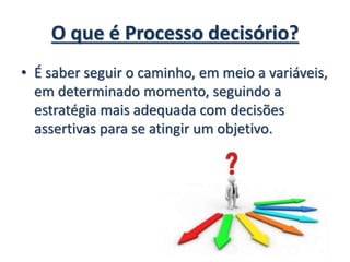 O que é Processo decisório?
• É saber seguir o caminho, em meio a variáveis,
em determinado momento, seguindo a
estratégia mais adequada com decisões
assertivas para se atingir um objetivo.
 