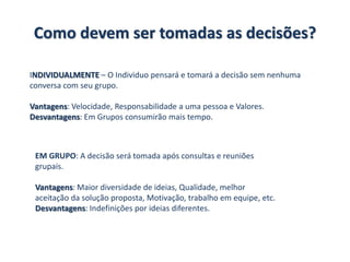 Como devem ser tomadas as decisões?
INDIVIDUALMENTE – O Individuo pensará e tomará a decisão sem nenhuma
conversa com seu grupo.
Vantagens: Velocidade, Responsabilidade a uma pessoa e Valores.
Desvantagens: Em Grupos consumirão mais tempo.
EM GRUPO: A decisão será tomada após consultas e reuniões
grupais.
Vantagens: Maior diversidade de ideias, Qualidade, melhor
aceitação da solução proposta, Motivação, trabalho em equipe, etc.
Desvantagens: Indefinições por ideias diferentes.
 