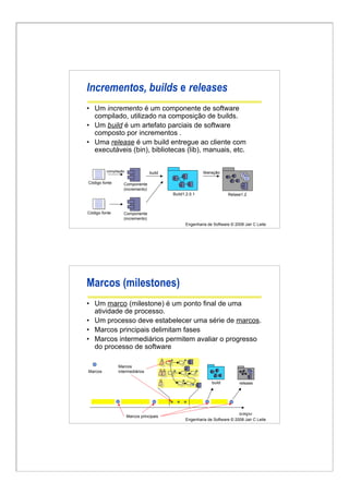 Engenharia de Software © 2008 Jair C Leite
Incrementos, builds e releases
• Um incremento é um componente de software
compilado, utilizado na composição de builds.
• Um build é um artefato parciais de software
composto por incrementos .
• Uma release é um build entregue ao cliente com
executáveis (bin), bibliotecas (lib), manuais, etc.
Build1.2.0.1
Componente
(incremento)
Relase1.2
Componente
(incremento)
Código fonte
Código fonte
compilação build liberação
Engenharia de Software © 2008 Jair C Leite
Marcos (milestones)
• Um marco (milestone) é um ponto final de uma
atividade de processo.
• Um processo deve estabelecer uma série de marcos.
• Marcos principais delimitam fases
• Marcos intermediários permitem avaliar o progresso
do processo de software
tempoMarcos principais
Marcos
build
Marcos
intermediários
release
 